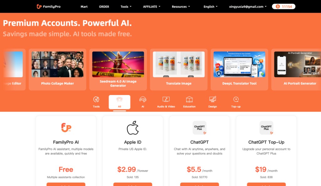 FamilyPro 平台首页展示 Premium Accounts Powerful AI